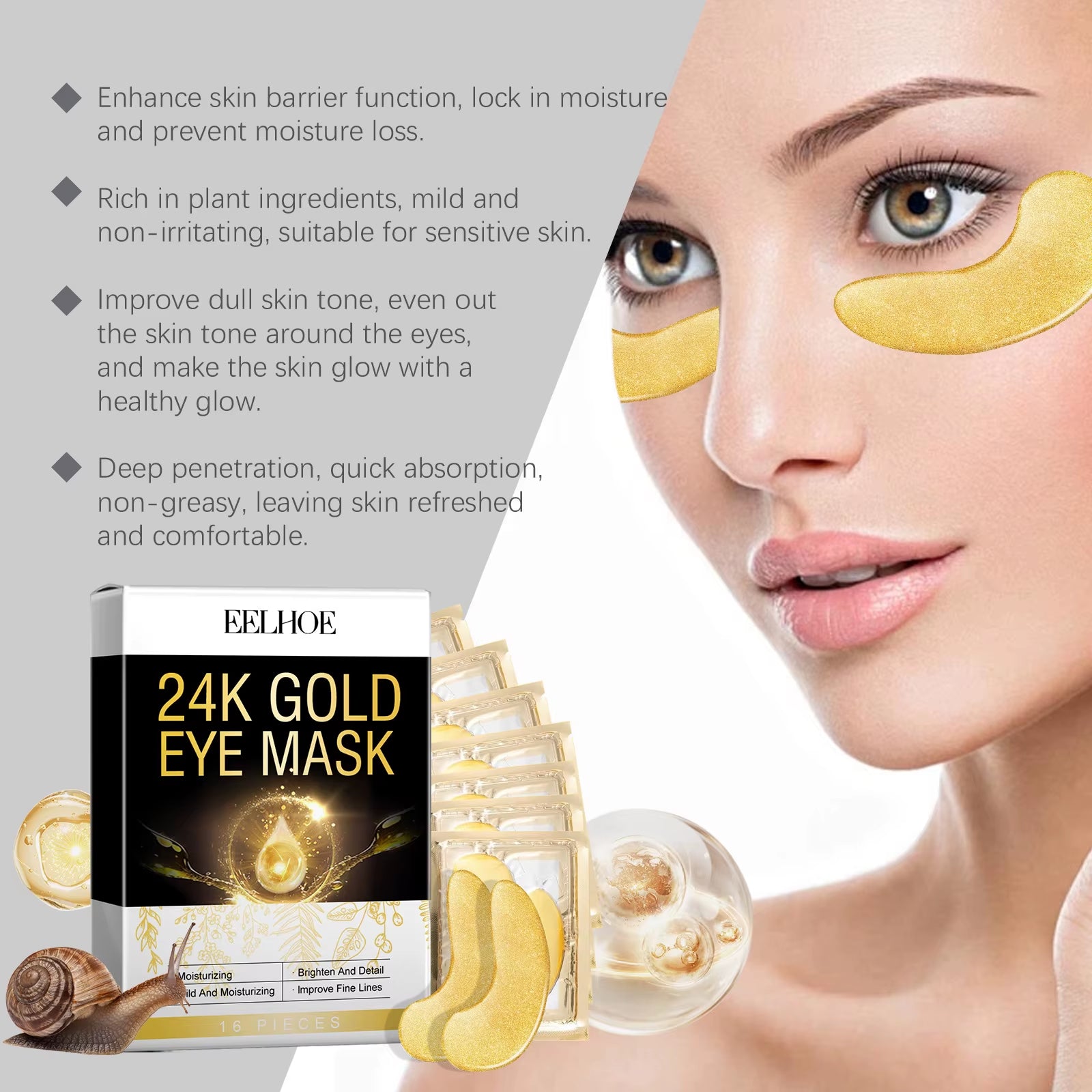 24K Gold Eye Mask Nourishing Dark Circles Remover anti Puffiness Hyaluronic Acid Lifting Eye Contour Crystal Collagen Eye Patch