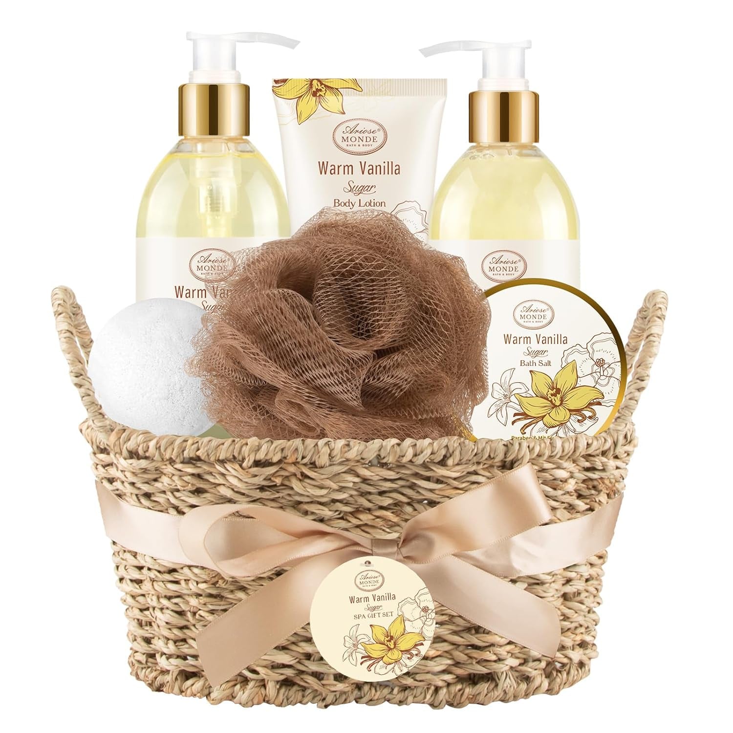 Bath and Body Warm Vanilla Sugar Spa Gifts for Women, Bath Gift Set with Shower Gel, Bubble Bath, Body Lotion, Bath Bomb, Bath Salt, Spa Basket Gift Set for Women, 7Pcs Set Gifts for Women
