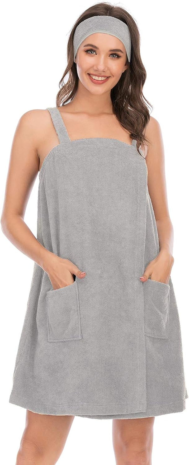 Robe Women'S Towel Wrap Bathrobe with Adjustable Velcro Closure with Pockets & Facial Hairband