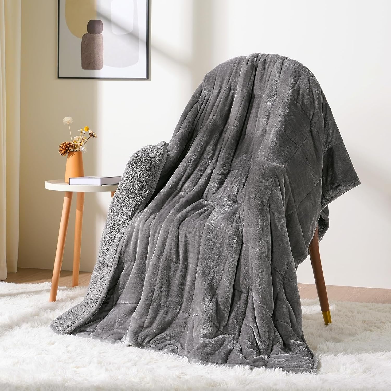 Sherpa Fleece Weighted Blanket 15 Lbs for Adult, Flannel Cozy Plush Bed Blankets, Fuzzy Sherpa Weighted Blankets Full Size, Minky Soft Blanket for Sofa Bed, 48 X 72 Inches, Grey