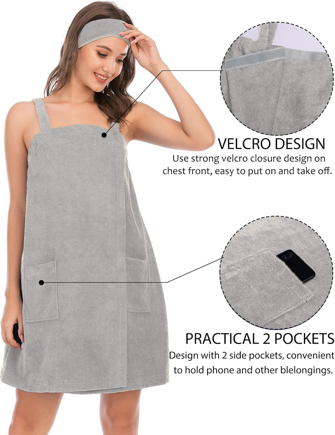 Robe Women'S Towel Wrap Bathrobe with Adjustable Velcro Closure with Pockets & Facial Hairband
