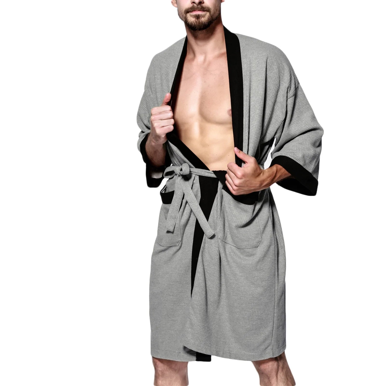 Men'S Waffle Knit Kimono Robe Lightweight Kimono Spa & Bath Robes for Men Soft Knee Length Kimono Bathrobe, Nightgown Shower Robe