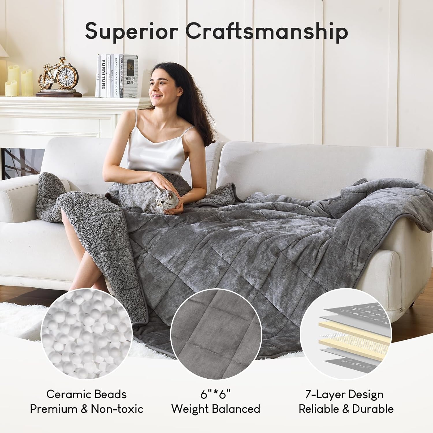 Sherpa Fleece Weighted Blanket 15 Lbs for Adult, Flannel Cozy Plush Bed Blankets, Fuzzy Sherpa Weighted Blankets Full Size, Minky Soft Blanket for Sofa Bed, 48 X 72 Inches, Grey