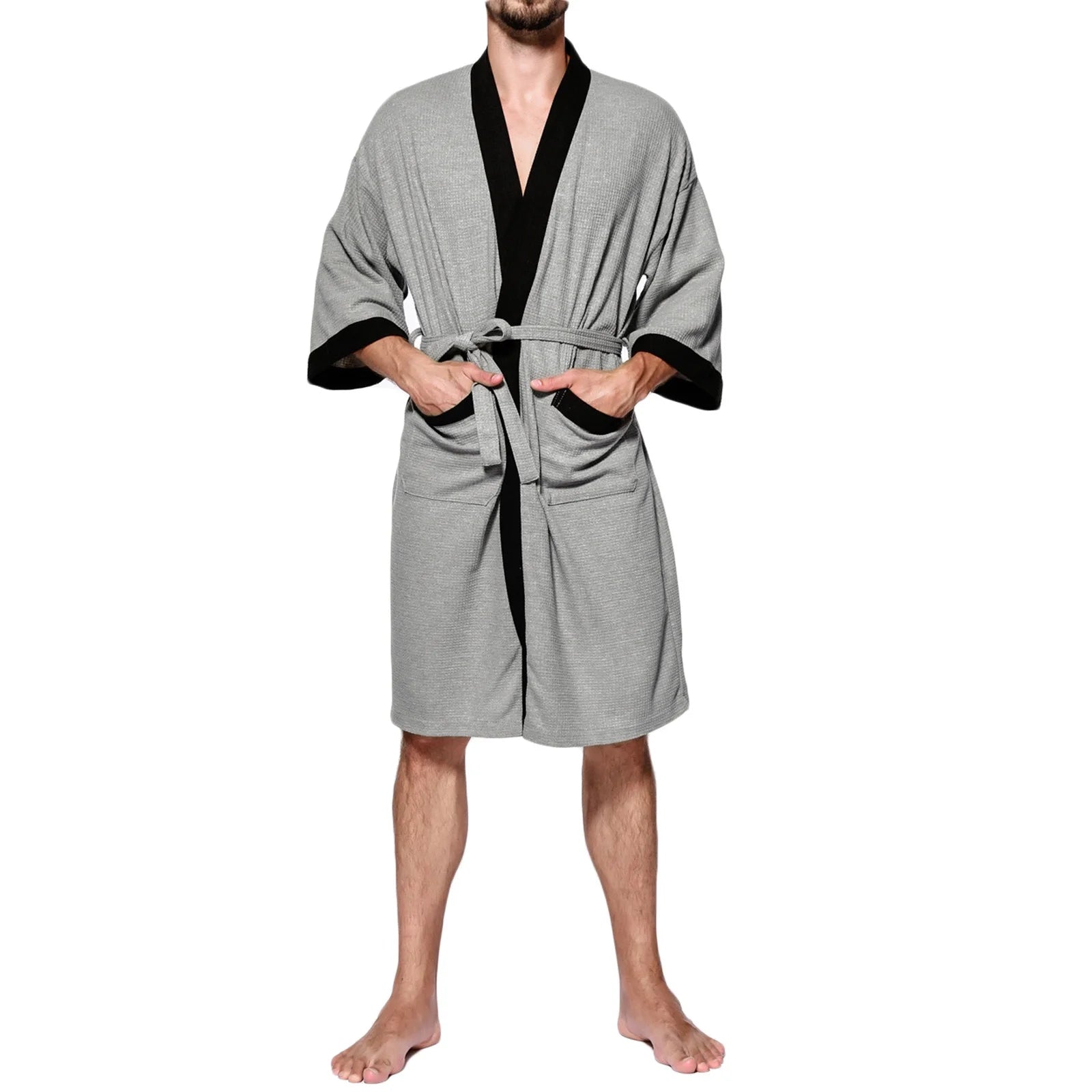 Men'S Waffle Knit Kimono Robe Lightweight Kimono Spa & Bath Robes for Men Soft Knee Length Kimono Bathrobe, Nightgown Shower Robe