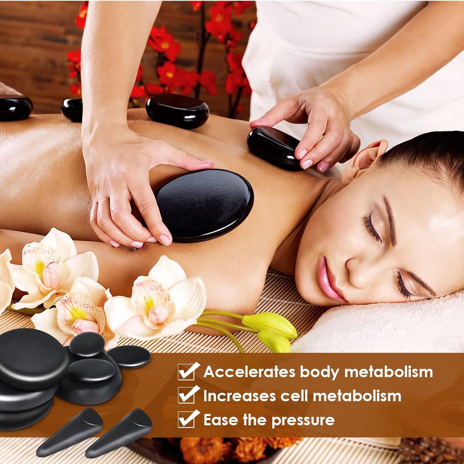 18Pcs Massage Stones Set, Hot Stones with Warmer, 4 Sizes, Hot Stone for Professional or Home Spa/Relaxing