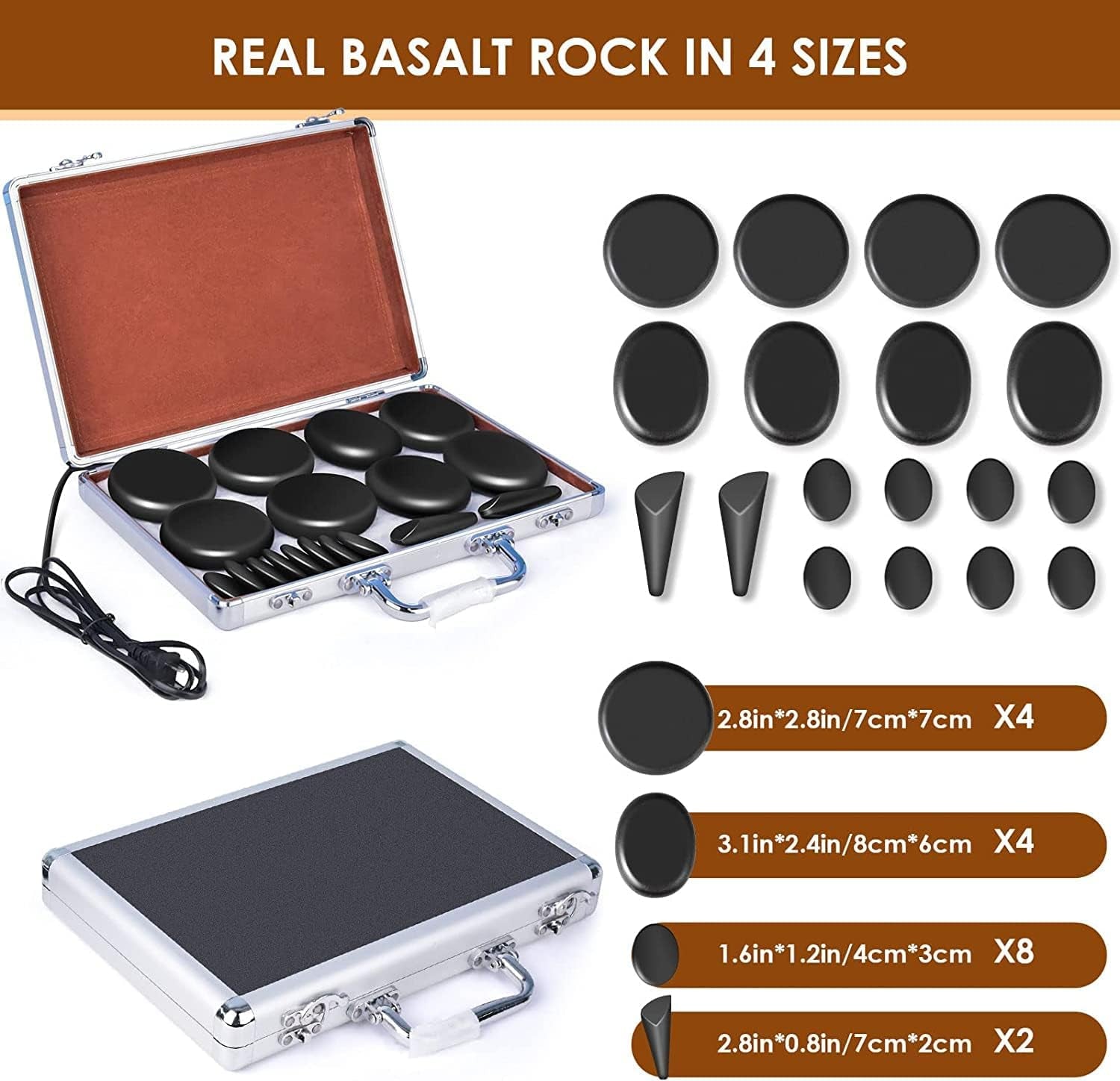 18Pcs Massage Stones Set, Hot Stones with Warmer, 4 Sizes, Hot Stone for Professional or Home Spa/Relaxing