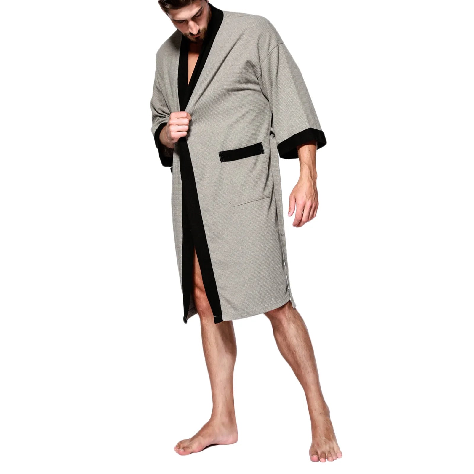 Men'S Waffle Knit Kimono Robe Lightweight Kimono Spa & Bath Robes for Men Soft Knee Length Kimono Bathrobe, Nightgown Shower Robe