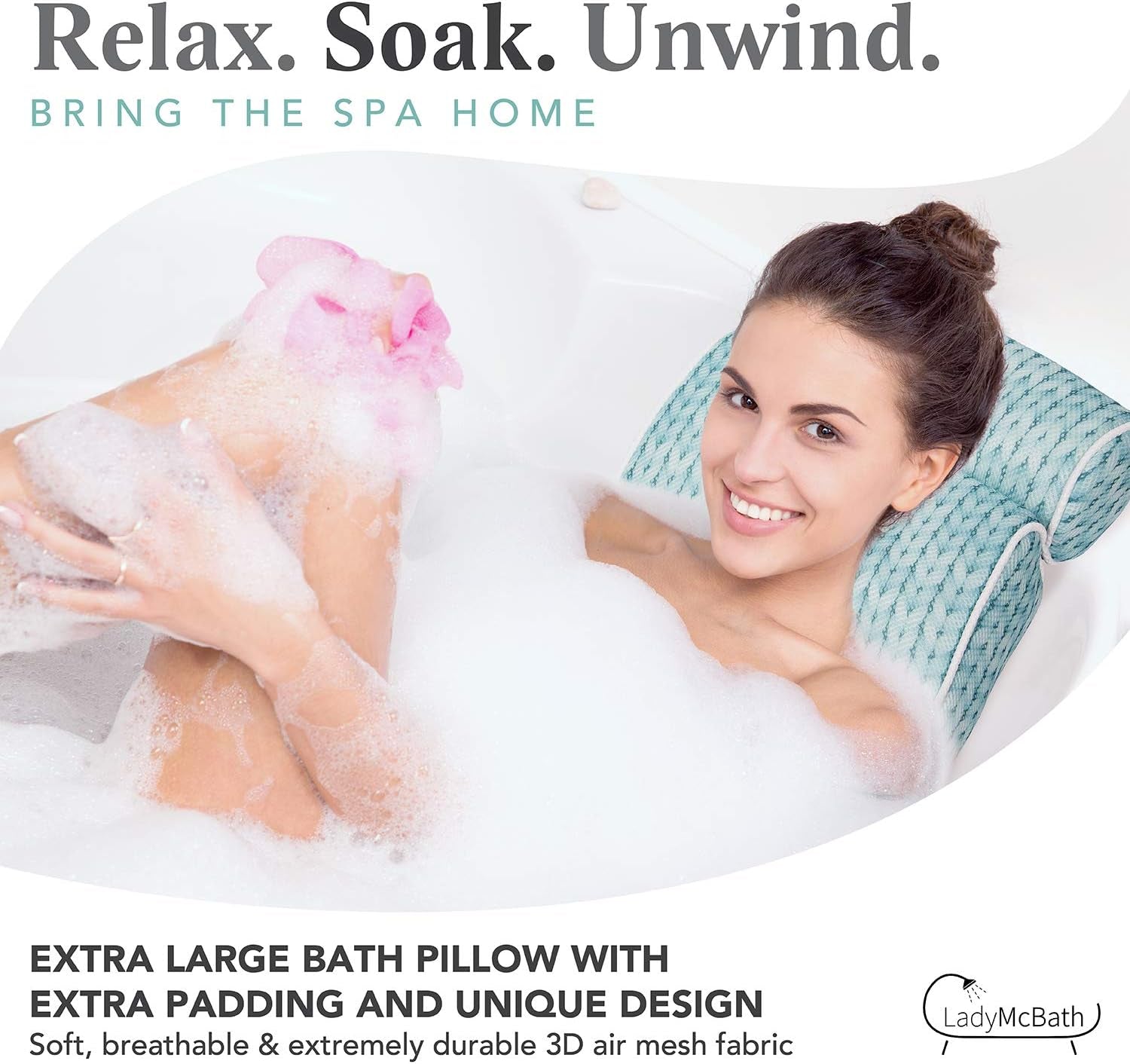 Lady Mcbath Bath Pillow - Luxury Bath Pillows for Tub Neck and Back Support - Powerful Suction Cups, Machine Washable Bathtub Accessory for Relaxation (Turquoise)