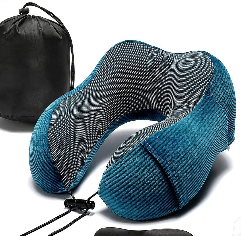 Memory Foam Neck Pillow with 360-Degree Head Support Lightweight Comfortable Travel Airplane Pillow with Storage Bag for Sleeping, Traveling,Car, Train, Bus and Home Use(Blue)