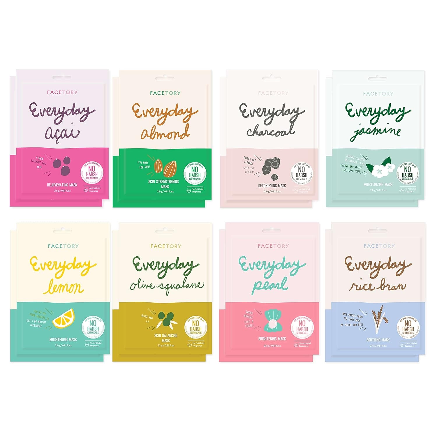 K Beauty Face Mask Skin Care - EVERYDAY 8 COLLECTION Sheet Mask Set (16 Pc) | Natural Premium Korean Face Mask for All Skin Types - No Sulfates No Parabens