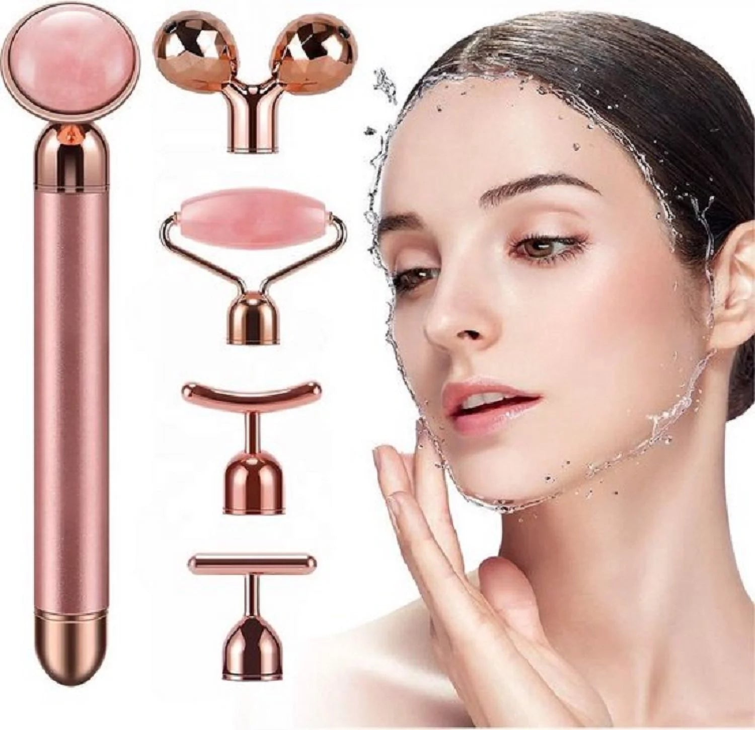 5-In-1 24K Gold Beauty Bar Face Massager Electric Vibrating Rose Quartz 3D Roller Face Lifting Body Facial Gua Sha Jade Roller