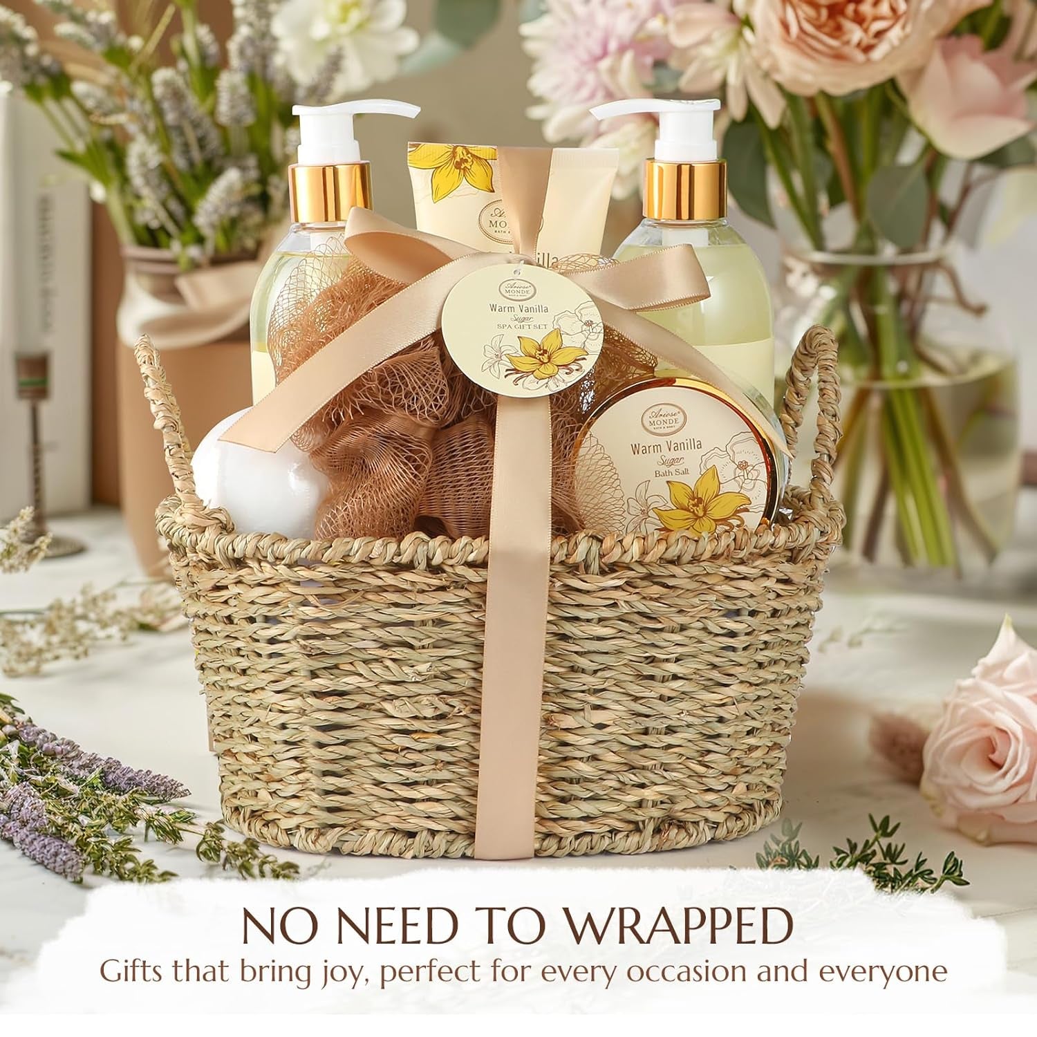 Bath and Body Warm Vanilla Sugar Spa Gifts for Women, Bath Gift Set with Shower Gel, Bubble Bath, Body Lotion, Bath Bomb, Bath Salt, Spa Basket Gift Set for Women, 7Pcs Set Gifts for Women